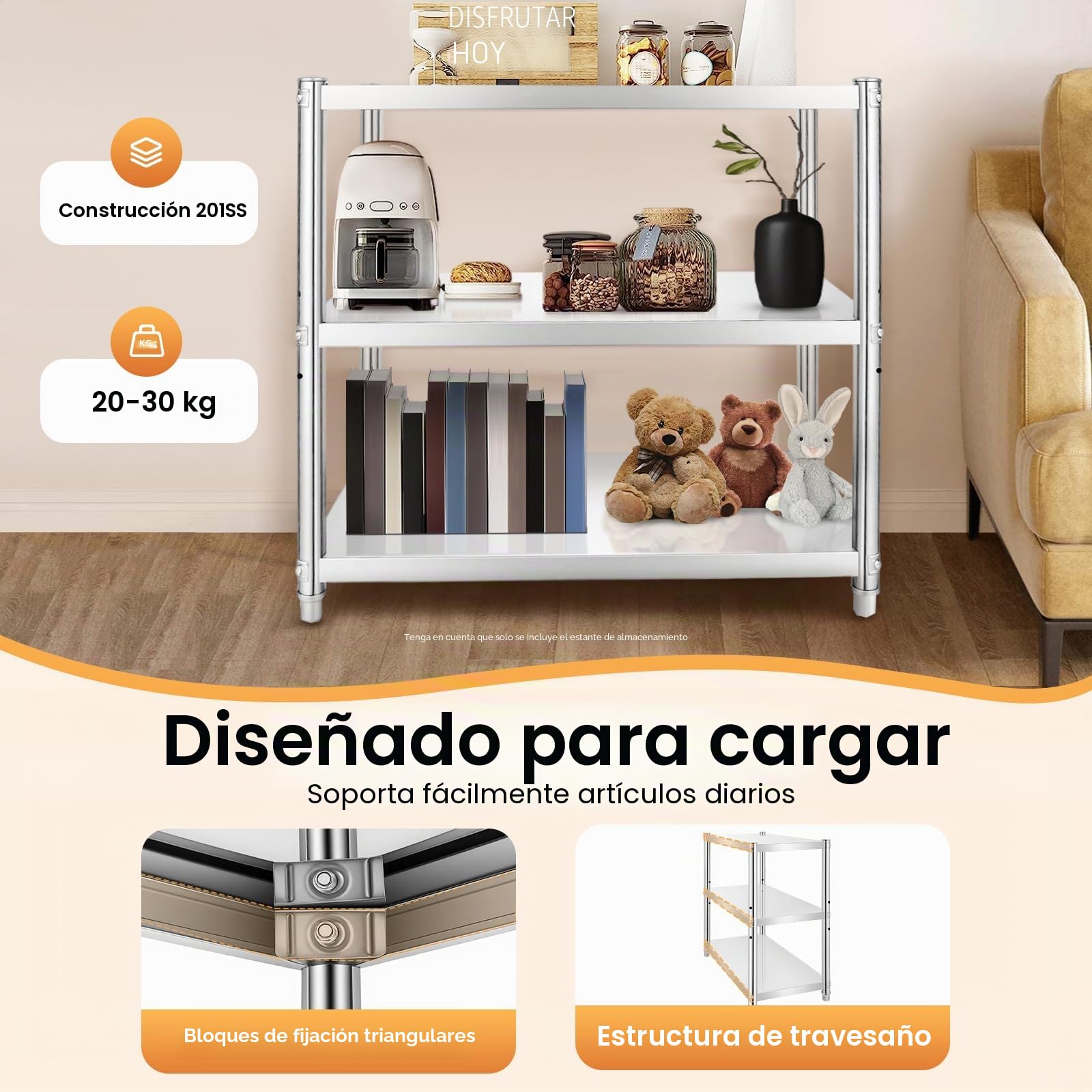 Estantería de acero inoxidable de 3 niveles, mesa de acero inoxidable, 80 x 80 x 40 cm, para cargas pesadas de hasta 60 kg, estantería de cocina de metal