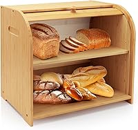 Vista 8 de Panera para Encimera de Cocina, Contenedor de Almacenamiento de Pan de Bambú de Doble Capa para Pan Casero, Panera con Tapa Enrollable con 3 Alturas