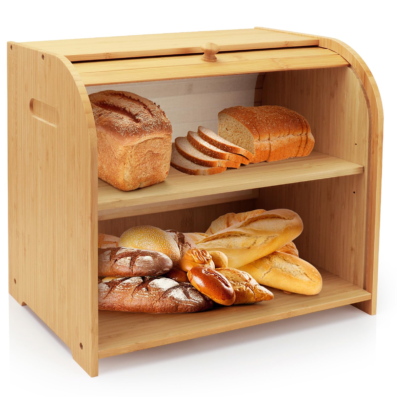 Bread Box for Kitchen Countertop Double Layer Bamboo Bread Storage Container for Homemade Bread Roll Top Bread Box