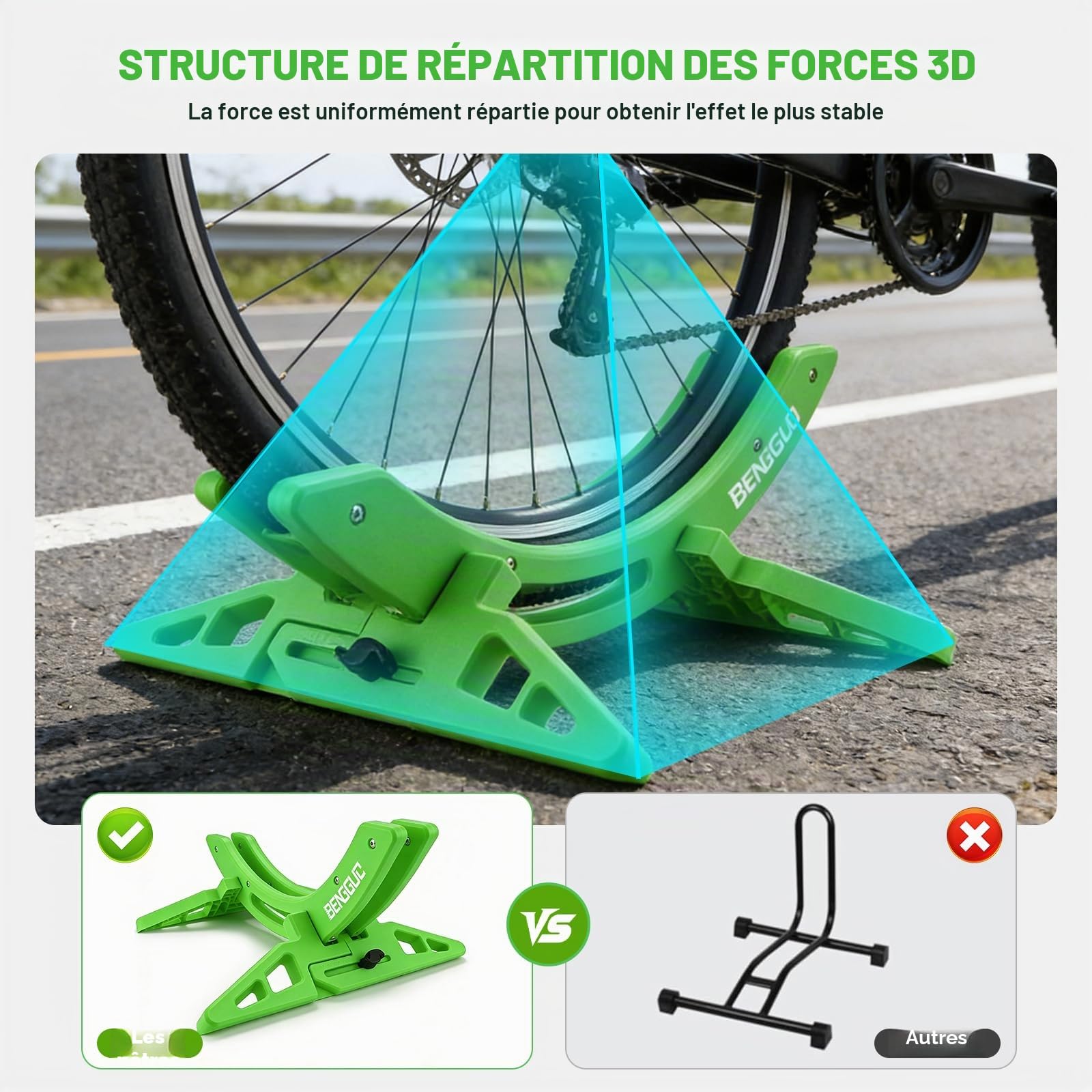 Support Vélo Sol Range 25-80mm, Largeur Réglable VTT Râtelier Vélo Support Stationnement Assemblé Pneu Avant Arrière Vélo Route Antidérapant Vélo Course