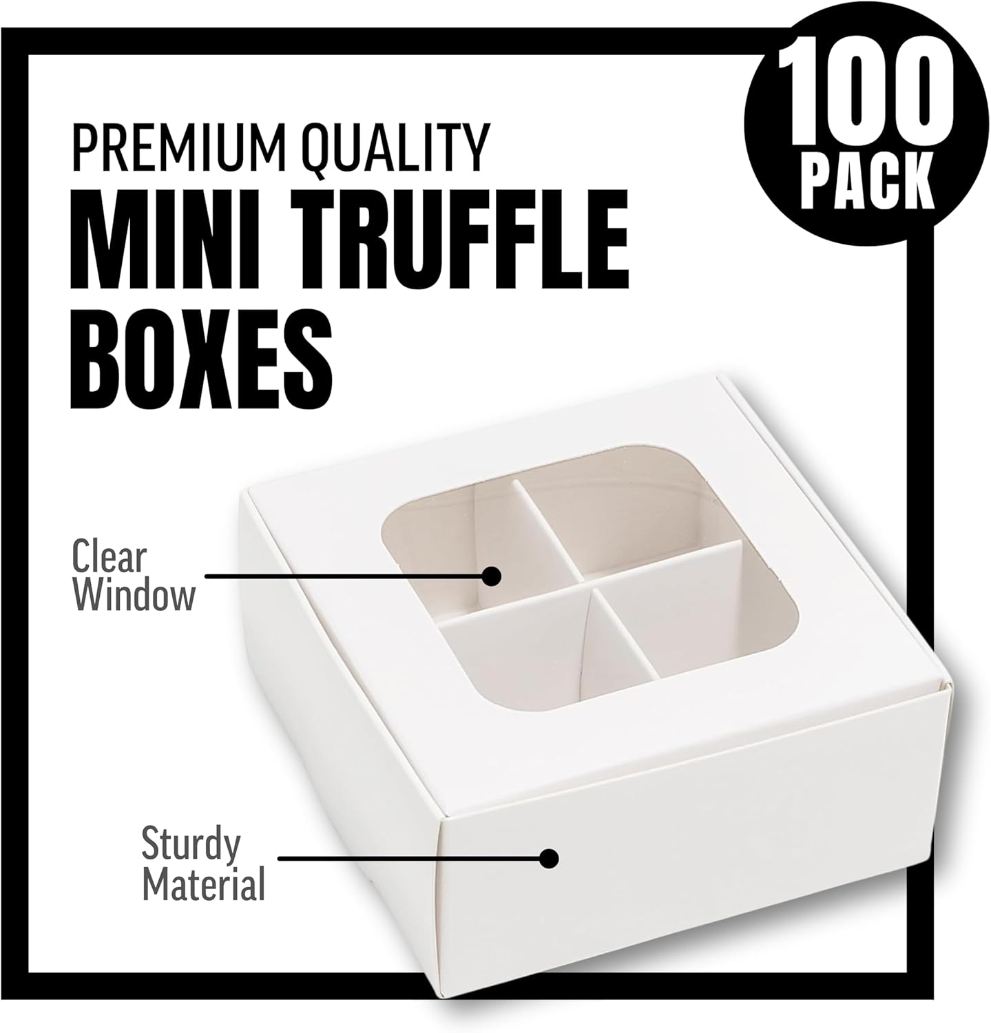 100 pcs White Mini Truffle Box for 4 Treats with Window and Dividers, Bakery Boxes, 3.5 x 3.5 x 1.57 Inches VERY SMALL Baking Boxes, Square Truffles Box for Gift Giving