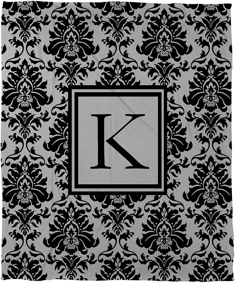 Manual Woodworkers & Weavers Coral Fleece Throw, 30 by 40-Inch, Monogrammed Letter K, Black and Grey Damask