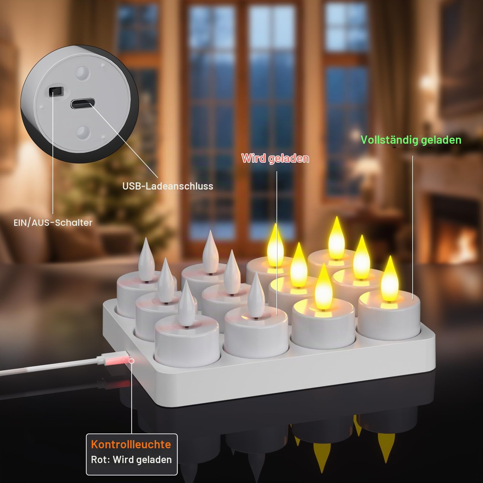 Ymenow LED Teelichter Wiederaufladbar mit Timerfunktion Fernbedienung, 12 Stück LED Kerzen Aufladbare Elektrische Teelichter mit Ladestation Timer für Party Zimmer Wohnzimmer Halloween Weihnachten Dek