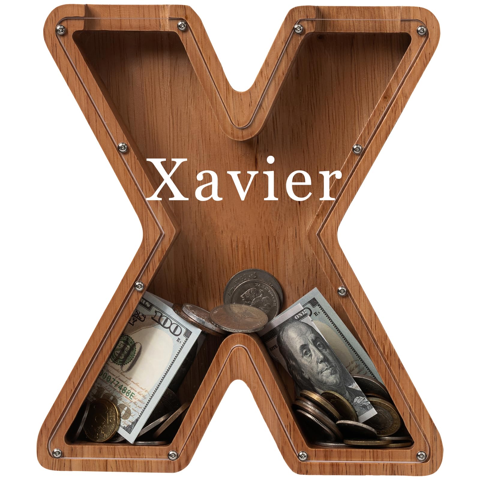 Personalized 12" Extra Large Wooden Letter Piggy Bank for Kids Boys Girls, (Laser Engraved Name) Custom Initial Letter Shape Piggy Bank, Alphabet Coin