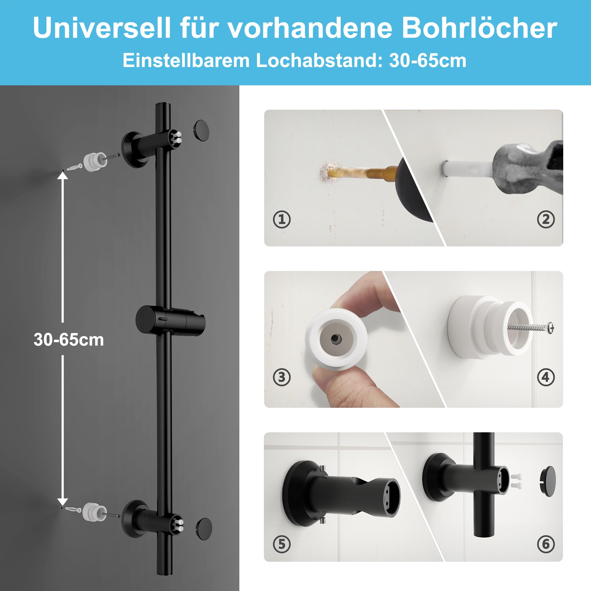 Görbach Duschsystem mit Thermostat – Edelstahl Duschset mit Duscharmatur, Brausestange Set mit Thermostatarmatur, Handbrause, Schlauch, Duschstange 70 cm mit Duschablage, Schwarz