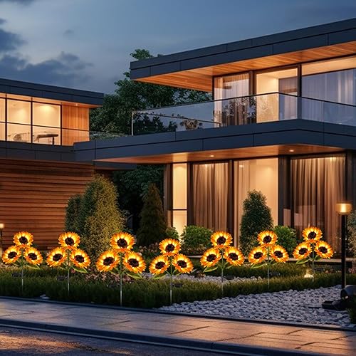 Miniatura 6 de Luces de jardín alimentadas por energía solar, paquete de 3 luces solares para exteriores con 9 girasoles más grandes, impermeables, realistas,