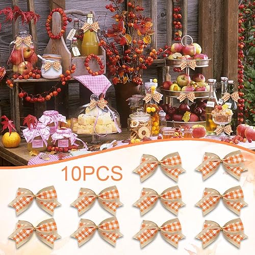 Miniatura 9 de 10 lazos de otoño para corona, lazos de corona de Acción de Gracias, lazo naranja y rojo a cuadros, lazo de arpillera natural, lazos de árbol de