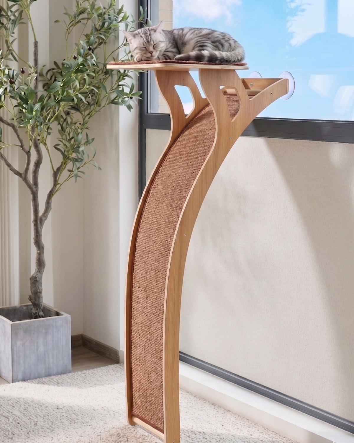 JKXJKX 119,4 cm pavimento finestra gatto trespolo con rampa graffio curva, 36,3 kg resistente finestra letto sedile con ventose, mobili per gatti di grandi dimensioni indoor bird watching