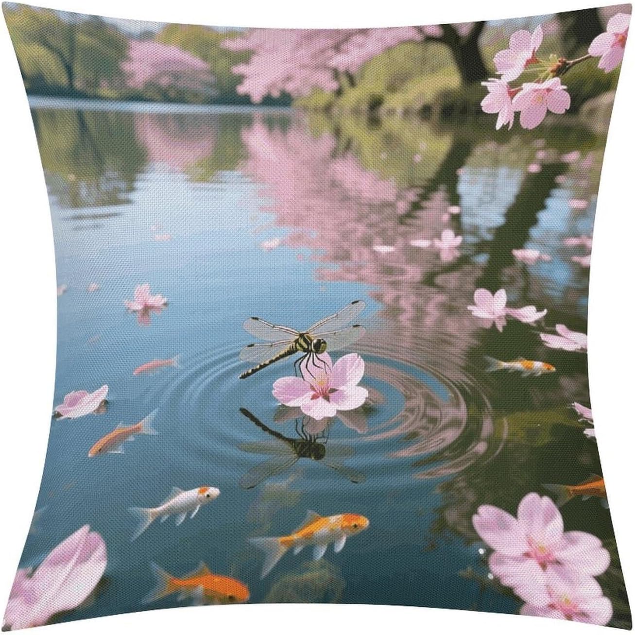 Japanese Cherry Blossom Flower Pillow Protectors Cute Waterproof Pillow Cover Soft Skin-Friendly Cushion Case Decorative Square Cushion Cover for Couch Sofa Bed Living Room Bedroom