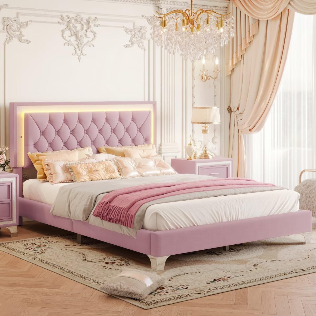 Queen Size Upholstered Bed Frame with LED Lights,Modern Velvet Platform Bed with Tufted Headboard,Pink