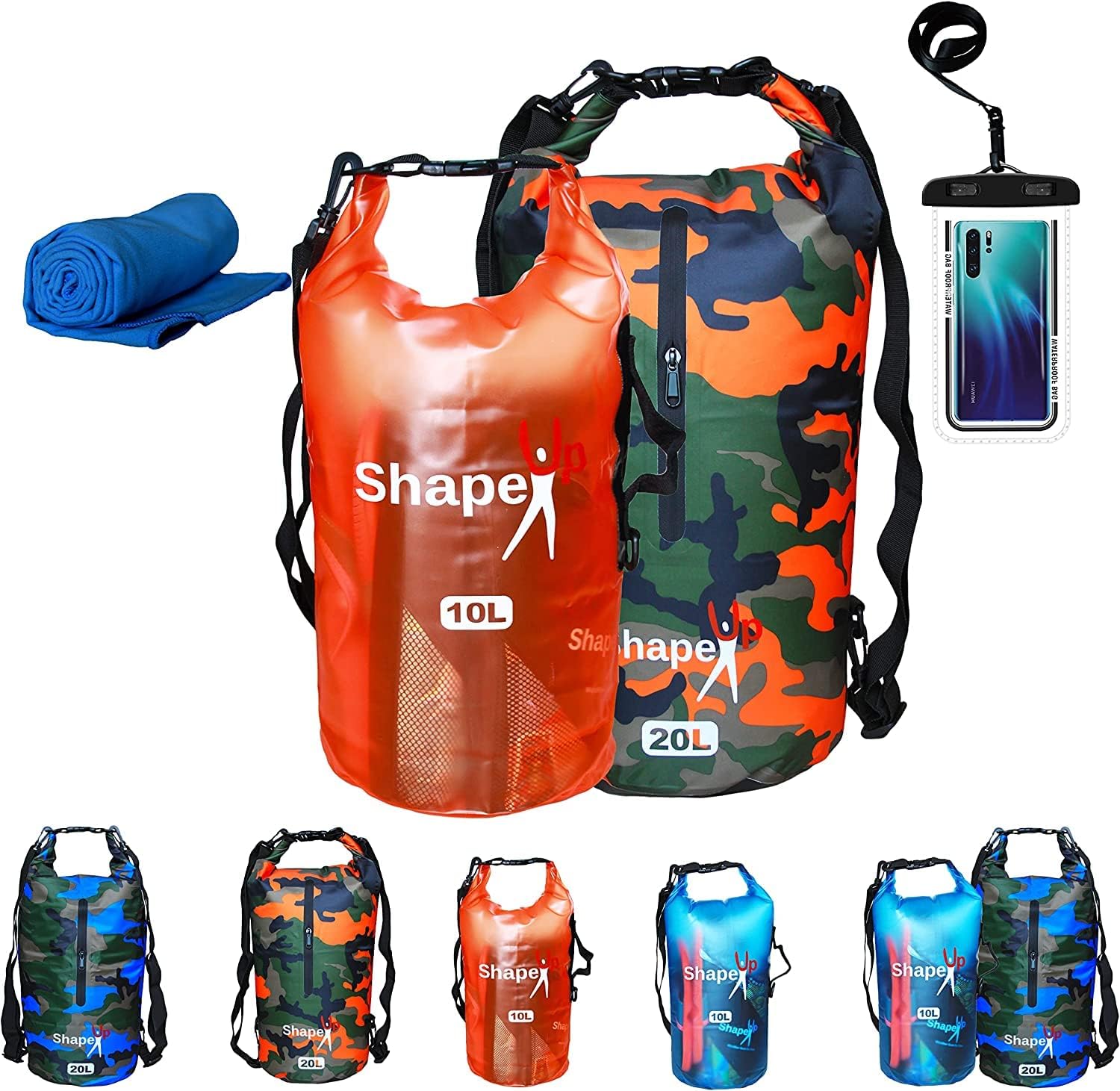 ShapeUpWaterproof Dry Bag PVC 500 Tarpaulin 20L, with pocket & 10L Shoulder Strap Roll, waterproof bag for Swimming Ocean backpack, Top Floating Dry Sack Boating Swimming with Towel & Phone Case