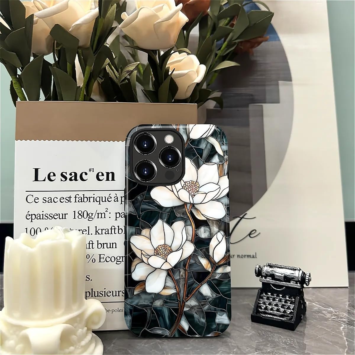 Magnetic Case for iPhone 15 Pro Max,Compatible with Magsafe,PC Hard Shell & Silicone Inner Bumper,Shockproof Full-Body Cover for iPhone 15 Pro Max Case - Stained Glass Unique Magnolia - Image 5
