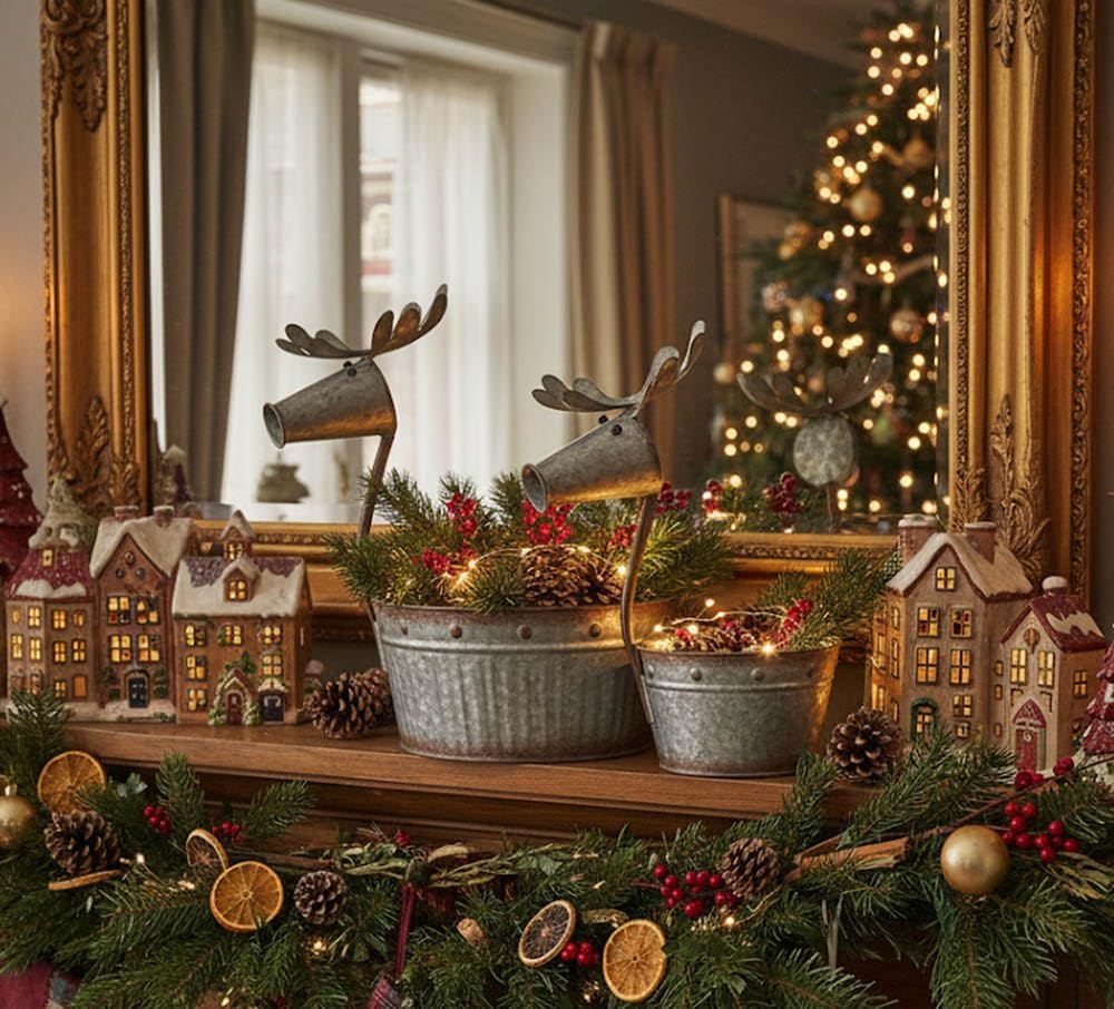 Napco Galvanized Silvertone Deer 12.25 x 8.25 Metal Decorative Christmas Planter, Set of 2