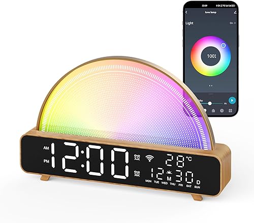 Sunrise Alarm Clock, Wake Up Light with Sunrise Simulation, White Noise Machine, Baby Sound Machine, Multicolor Night Light with 13 Soothing Sounds, Room Thermometer, APP/Touch/Voice Control (Wood) 