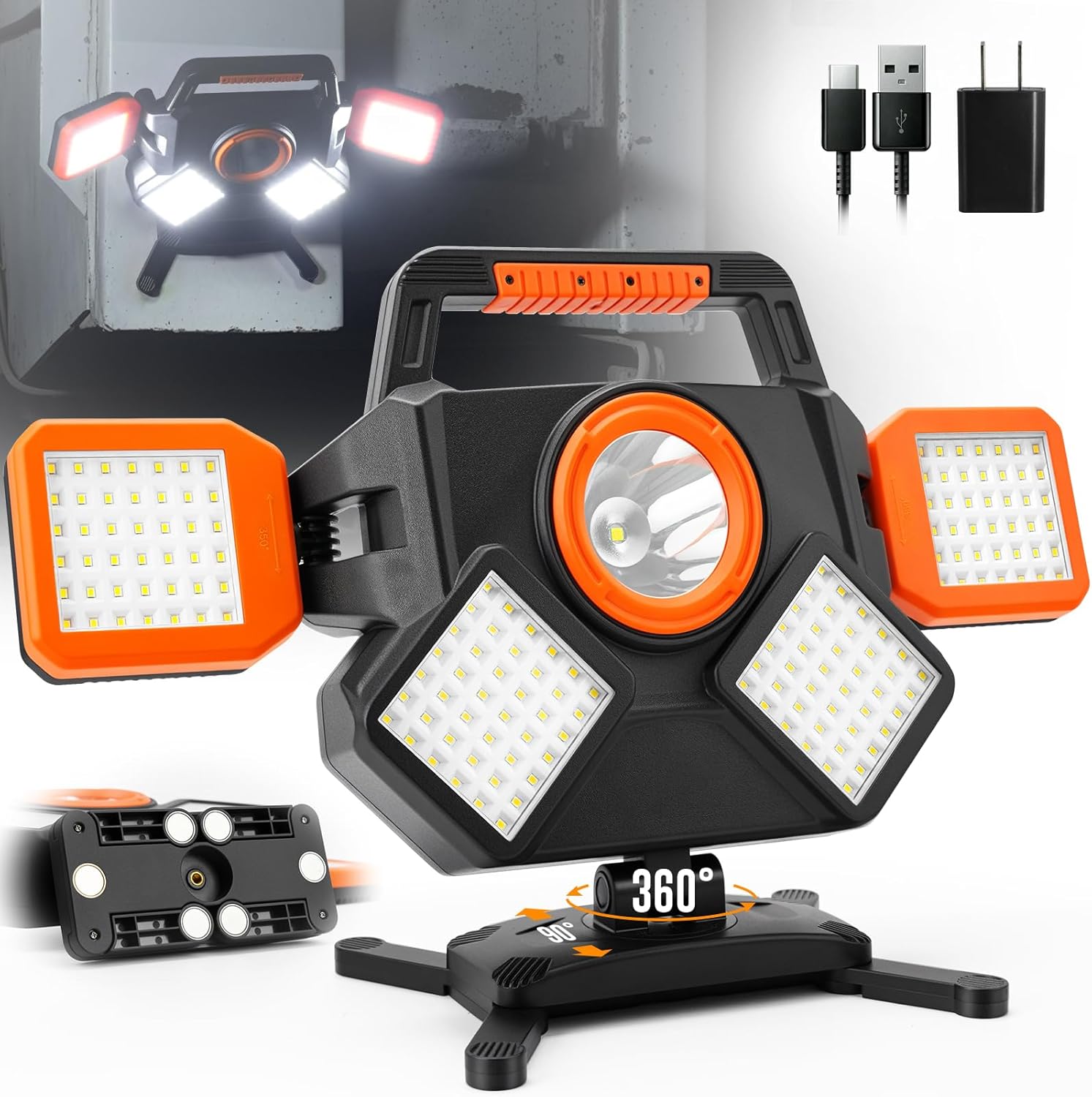 55W Rechargeable Work Gentle 5000LM, Foldable&Rotatable Magnetic LED Work Gentle with 6 Modes, 8000mAh Battery Powered Transportable Work Lights for Workshop, Automobile Restore, Development, Tenting, Emergency Use