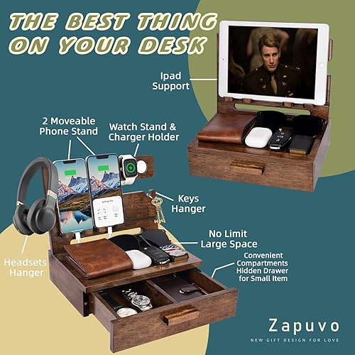 Miniatura 2 de ZAPUVO Regalos para él, día de San Valentín, estación de acoplamiento de madera para teléfono con cajón, organizador de mesita de noche para