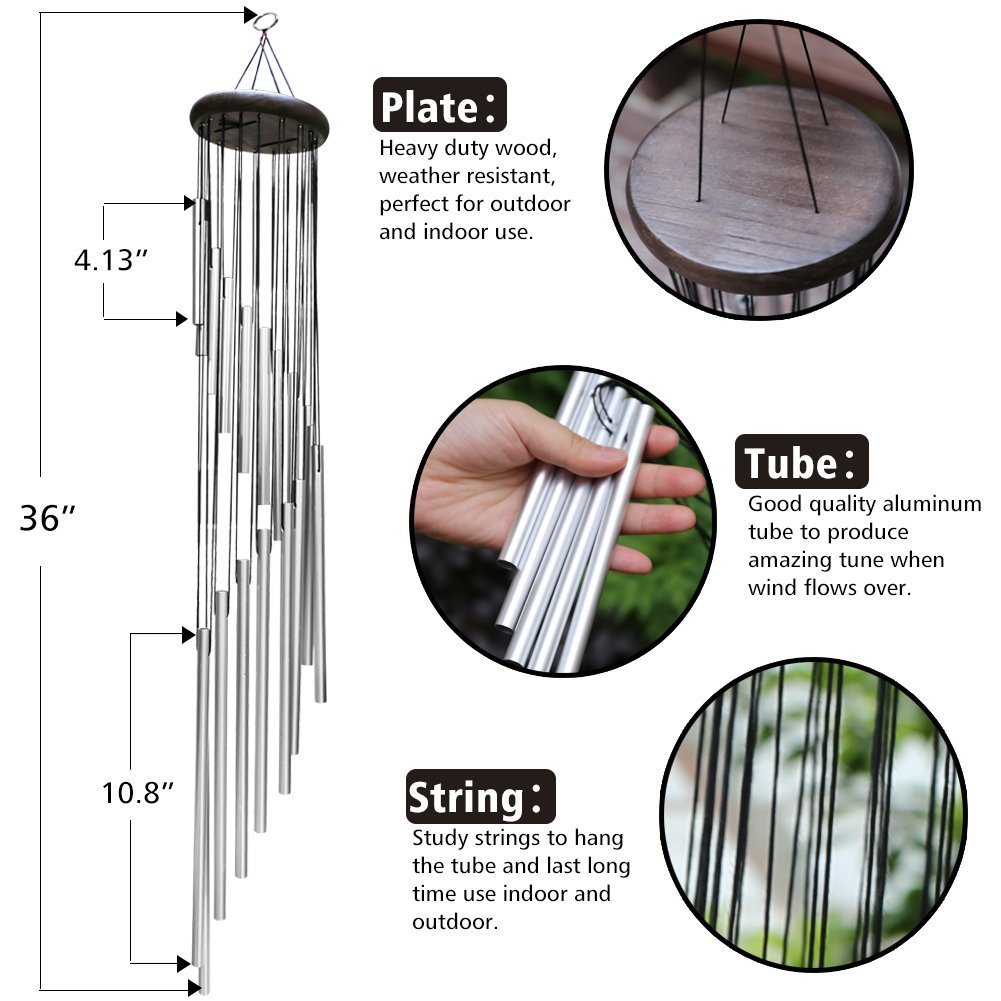 dzwonki wietrzne Chimes, dzwonki wietrzne dekoracja z dźwiękiem aluminium, duża długość całkowita 91 cm, na zewnątrz, na balkon, do ogrodu, kolor srebrny