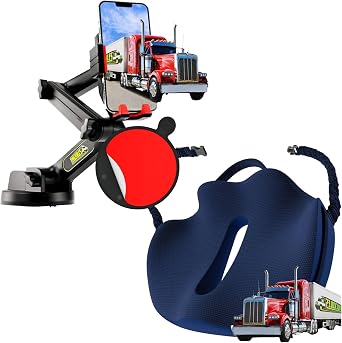 Red Big Rig Truck Phone Mount + DP & Navy Large Big Rig Truck Seat Cushion, Heavy Duty CellPhone Device Holder for Dashboard Windshield Window & Ultimate Memory Foam Trucker Seat Cushion 1 PM & 1 SC