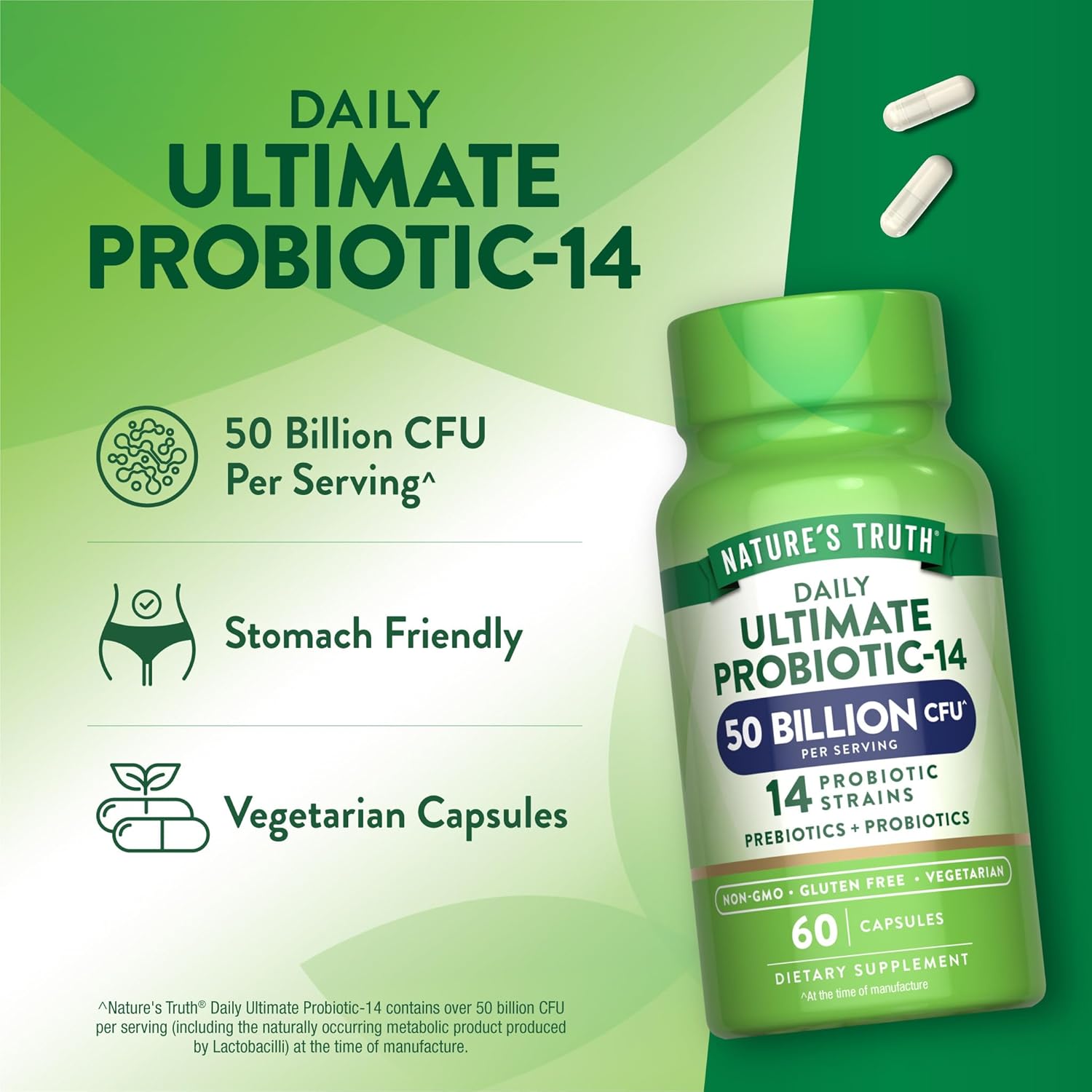 Nature's Truth Probiotic for Women and Men | 50 Billion CFU | 14 Probiotic Strains | 60 Capsules | Stomach Friendly | 200mg Prebiotics | Vegetarian, Non-GMO & Gluten Free Supplement