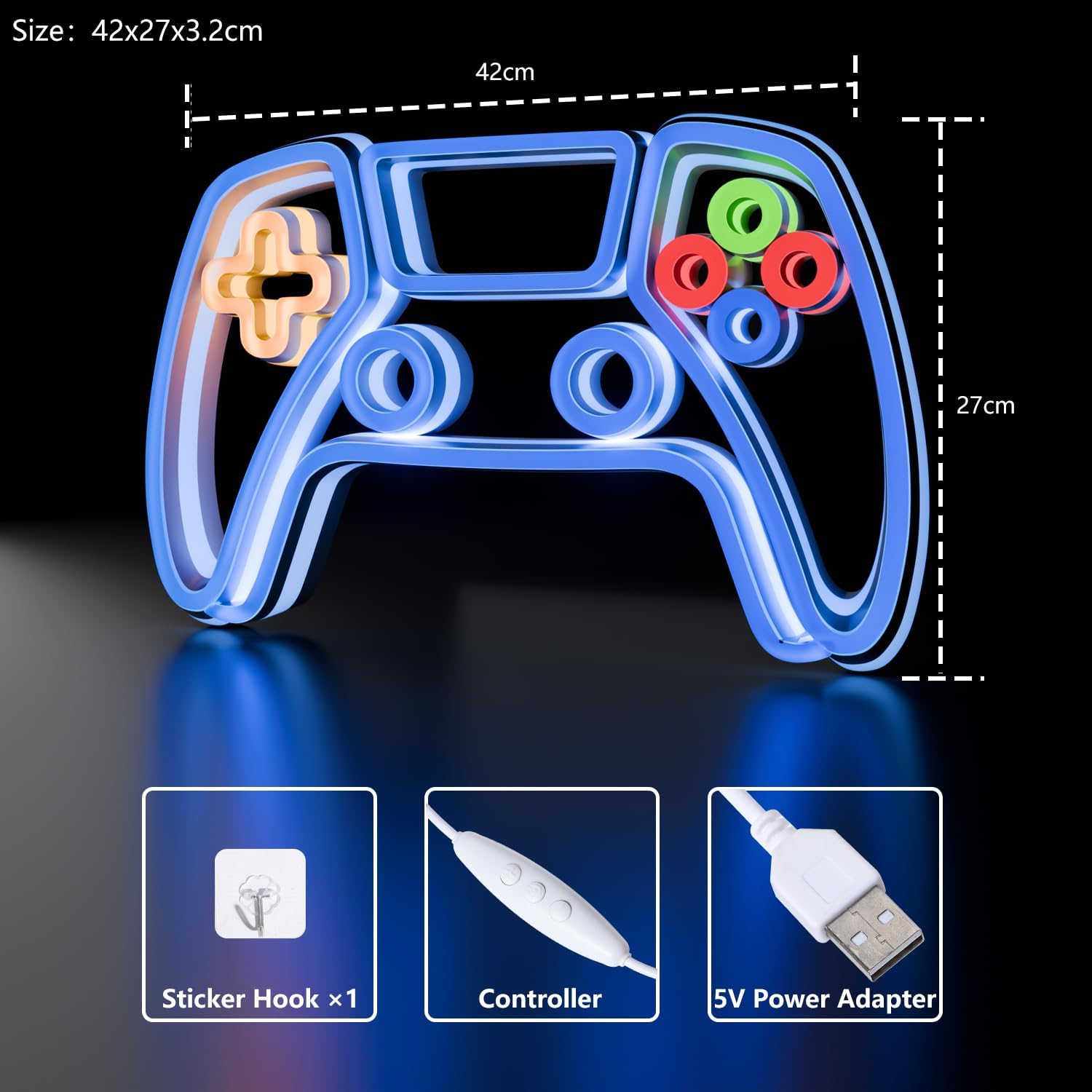 Anrookie LED Neon Sign Game Controller Wall Art 16x10 in, 5-Level Dimmable Neon light, USB-Powered Retro Gaming Decor for Room & Party Lighting