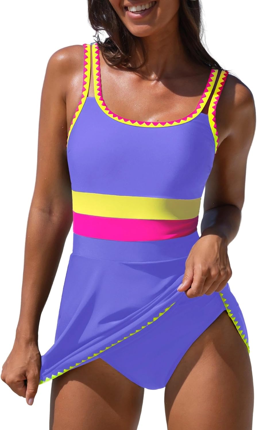 popvil Women One Piece Swimsuit 2026 Tummy Control Bathing Suit Neon Modest Swim Dress with Skirt Full Coverage