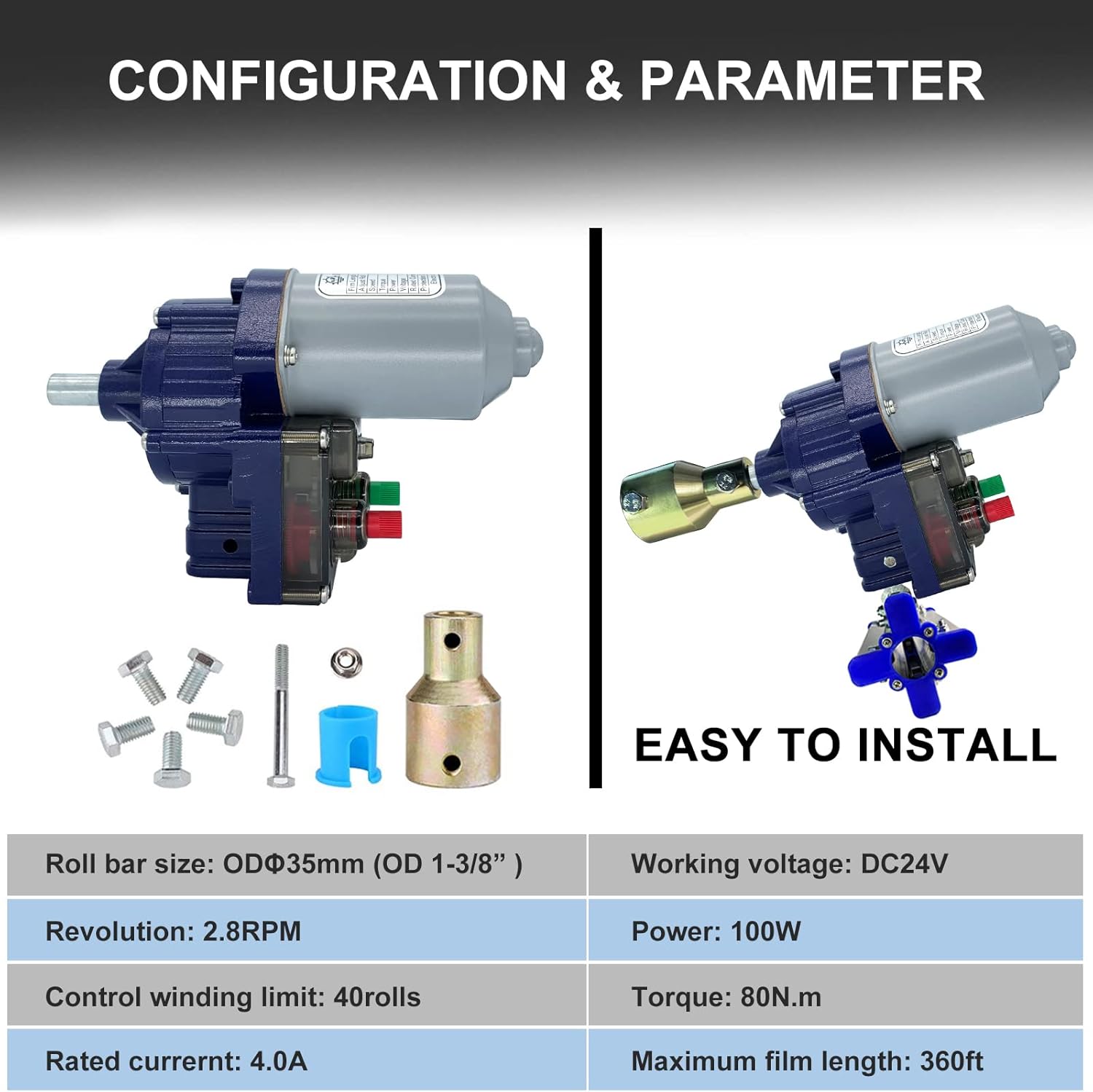 UYGALAXY Electric Greenhouse Film Roll Up Motors with Limit Switch and Creepers(2 Packs)+ Transformer Controller Joint Box (AC110V to DC24V) for Poultry,Nursery Ventilation kit, Automatic Side Venting