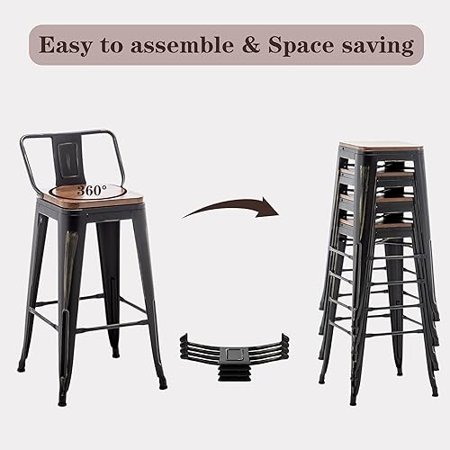 Miniatura 7 de Juego de 4 taburetes de bar de 26 pulgadas, taburetes de bar giratorios de metal con pintura dorada y respaldo, color negro