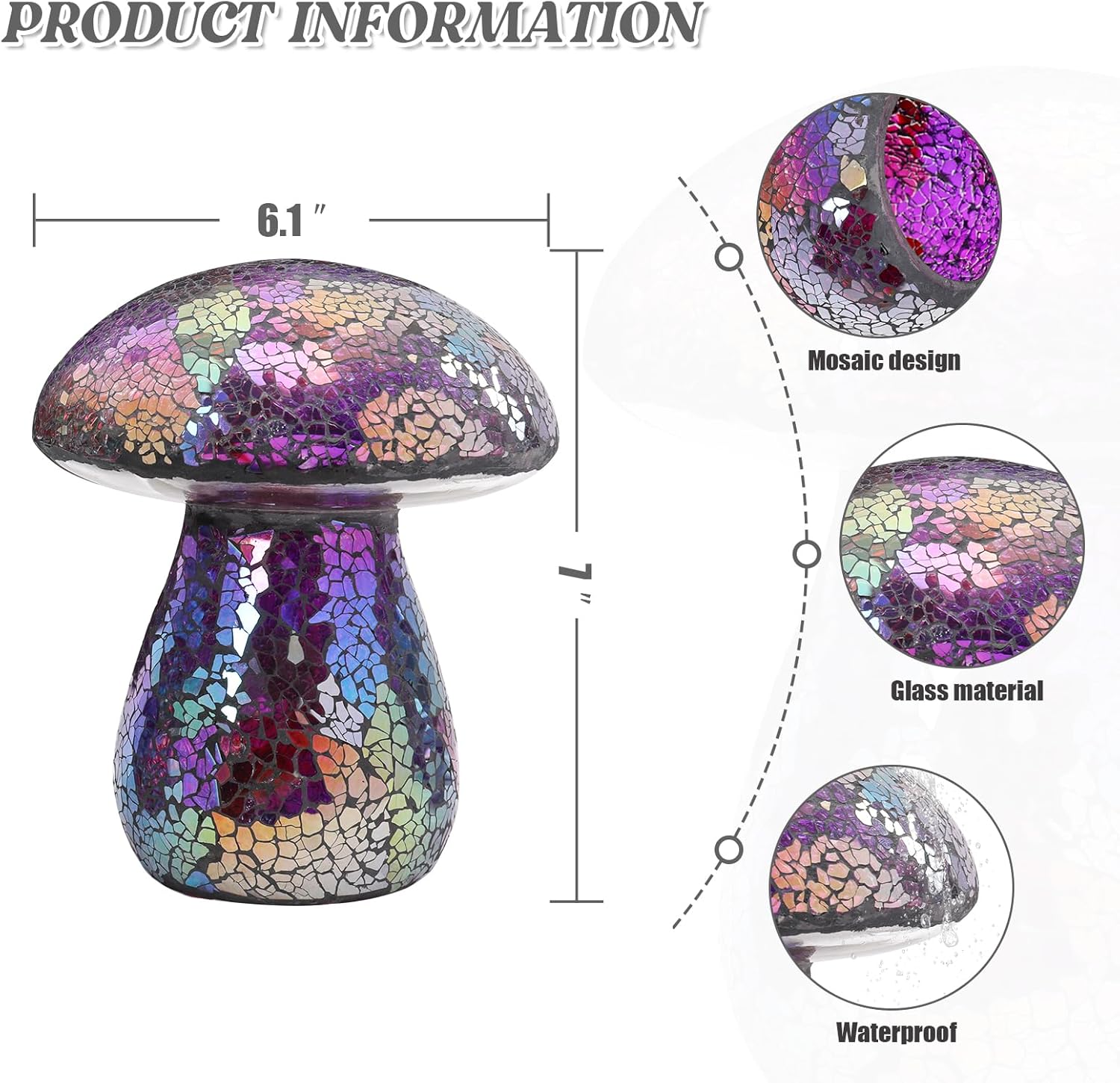 Bshine Mushroom Garden Statue Decoration, Colorful Mosaic Mushroom Sculptures Home Decor, Outdoor Waterproof Handmade Glass for Yard, Path, Lawn Ornaments, Purple