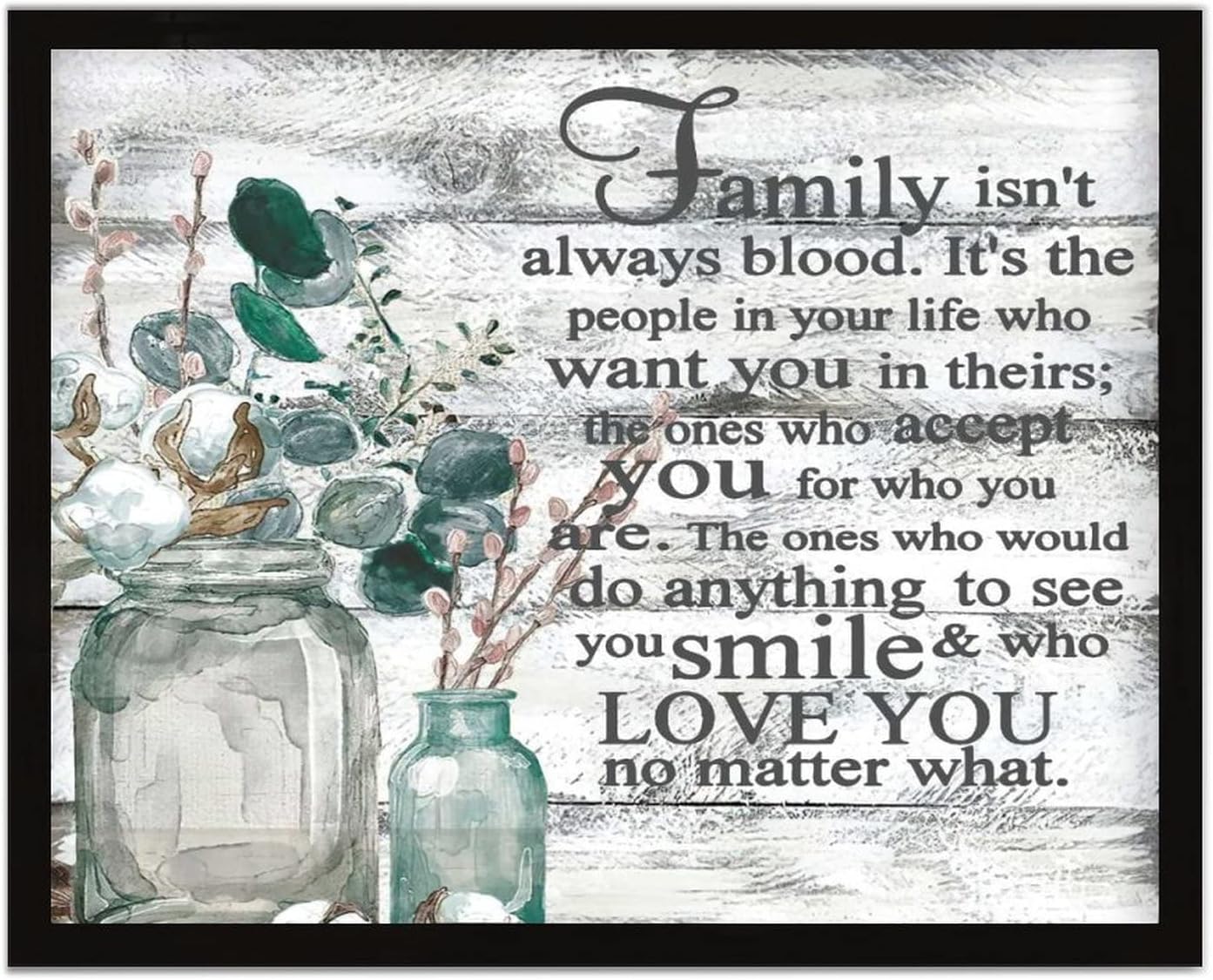 Family Isn't Alway Blood Frame Wooden Plaque Sign Rustic Dinning Room Wall Art Décor Wood Plaque Motivational Watercolor Floral with Jar Wooden Plaque for Bedroom Bathroom 16x20