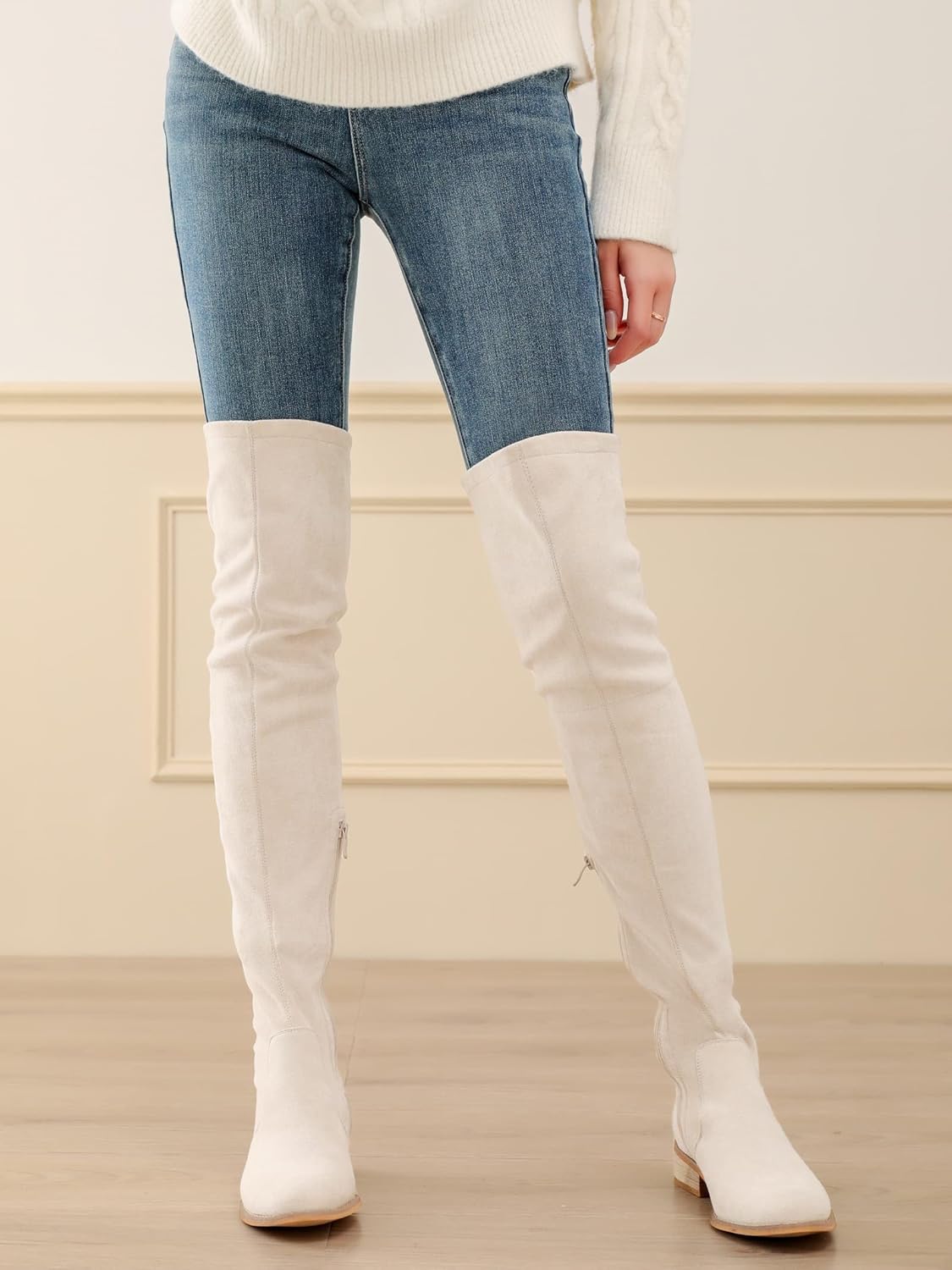 Shoe'N Tale Women's Over The Knee Boots Thigh High Low Block Heel Pointed Toe Long Stretch Boots
