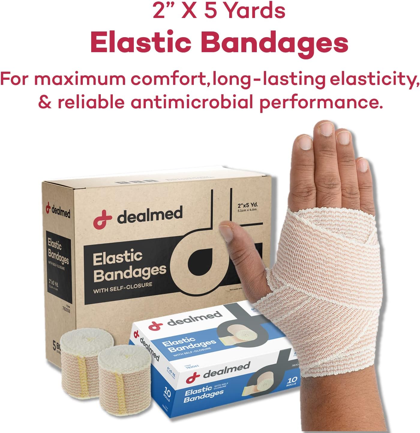 Dealmed 2" Elastic Bandage Wrap with Self-Closure – 50 Elastic Bandages, 5 Yards Stretched Compression Bandage Wrap, Wound Care Product for First Aid Kit and Medical Facilities