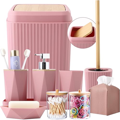 Juego de accesorios de baño rosa, juego de baño de bambú de 10 piezas con bote de basura, bandeja, dispensador de jabón, jabonera, soporte para
