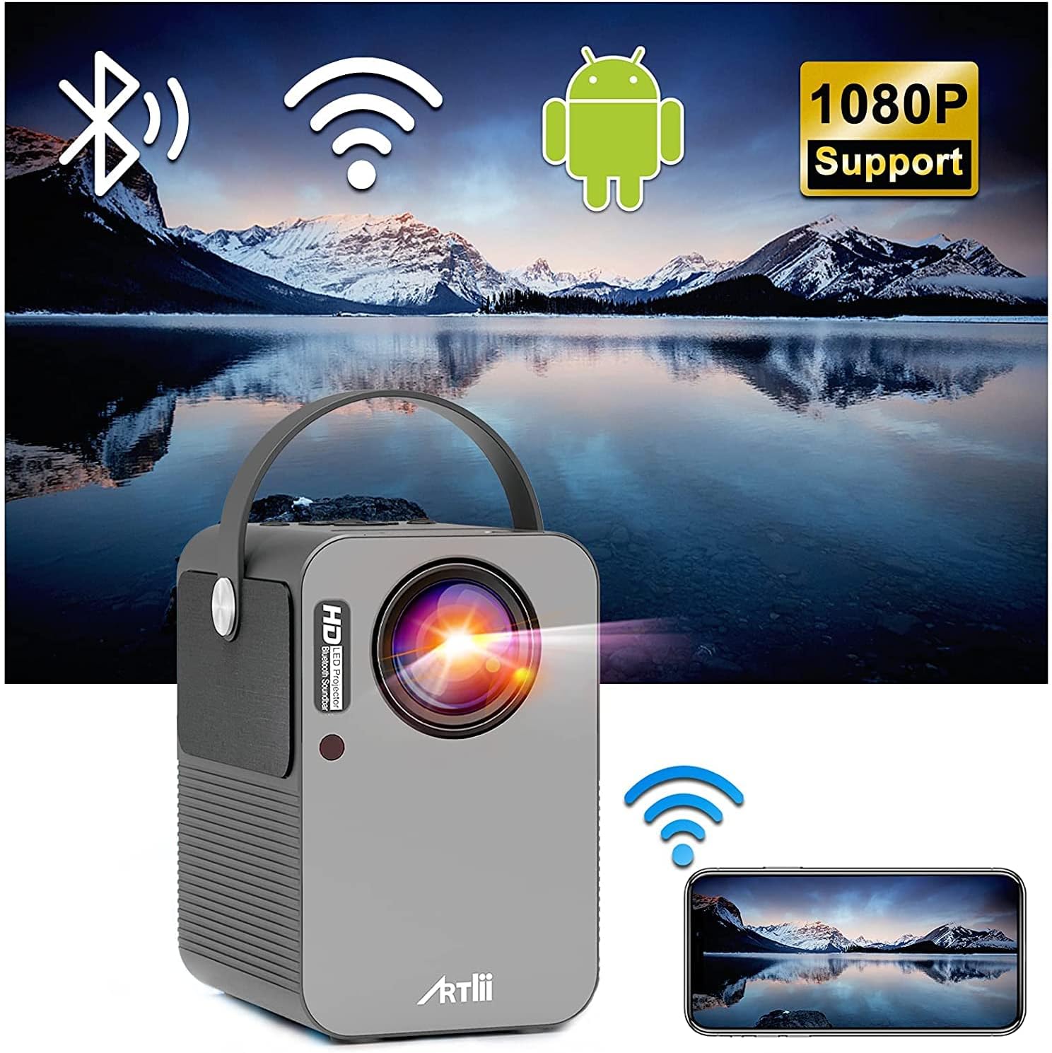 Artlii Play Smart Android TV 9.0 Portable WiFi Bluetooth Projector Full HD 1080p Support 4D ±45° Keystone Correction Outdoor Home Movie Projector with Netflix YouTube