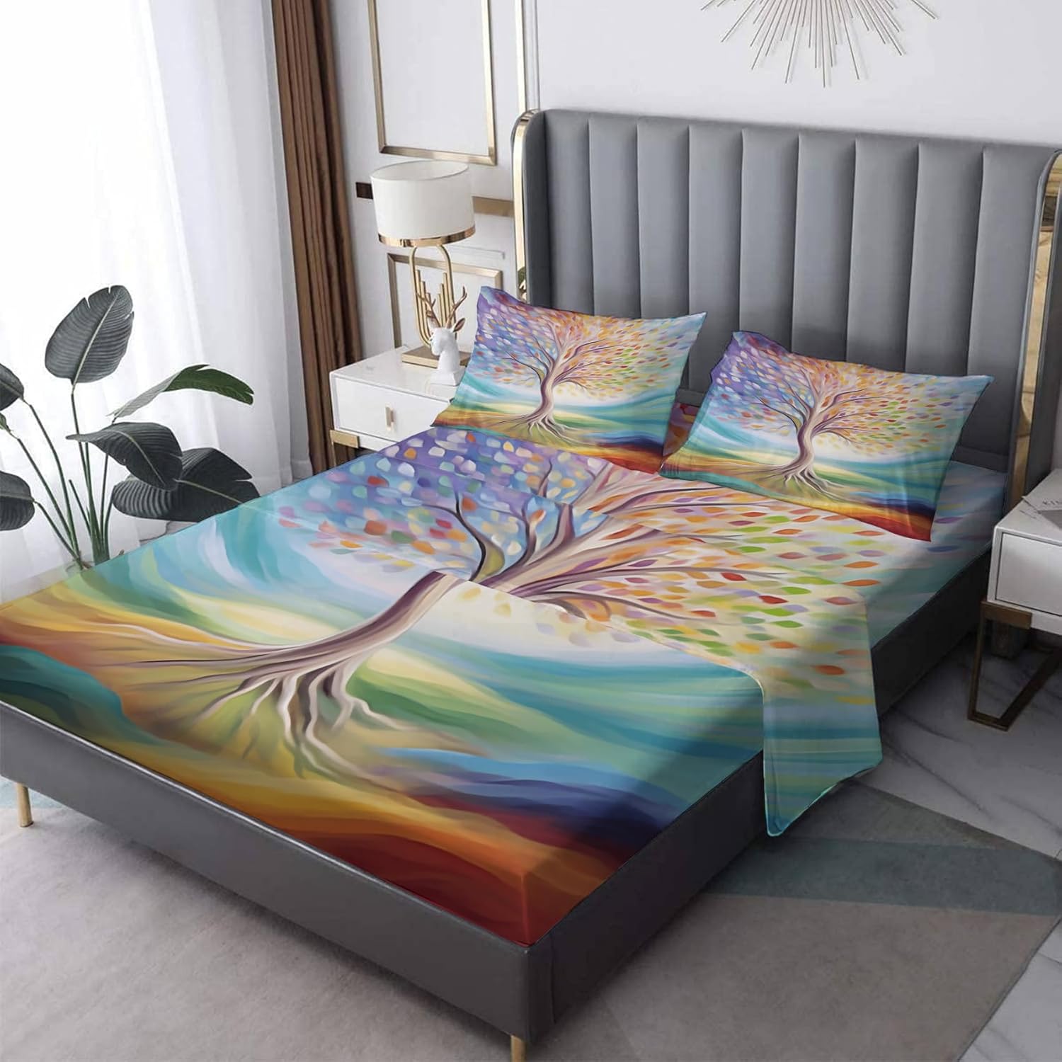 Tree of Life Sheets Queen Size, Colorful Bed Sheets & Pillowcases 4 Piece Set, Deep Pocket Fitted Sheet & Flat Sheet & Pillowcase, Soft Wrinkle Free Decorative Bedding