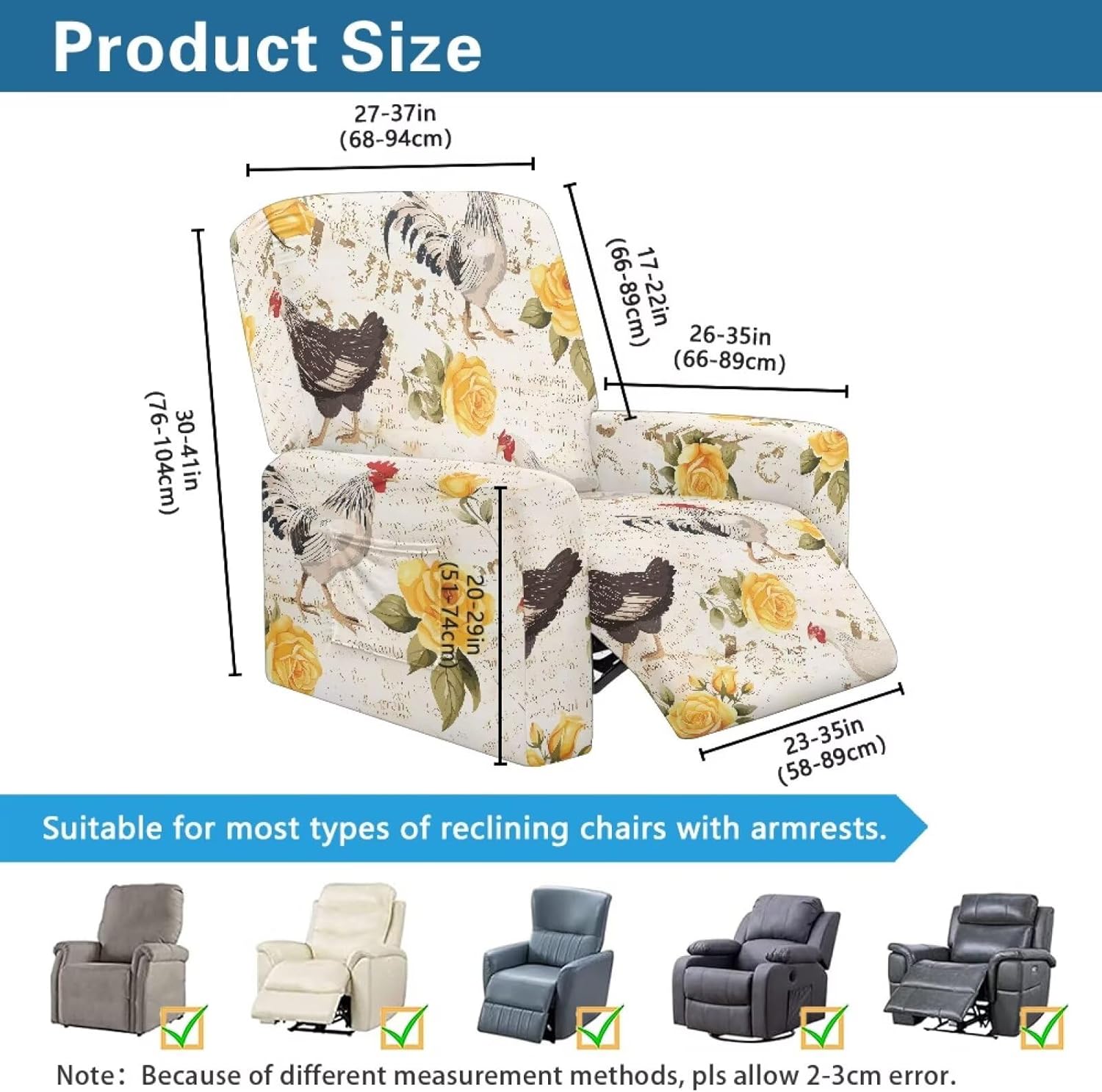 FOR U DESIGNS Chicken Beige 4-Piece Stretch Recliner Cover Set Non Slip Universal Fit with Storage Pockets Machine Washable Furniture Protector for Living Room Sofa Chair