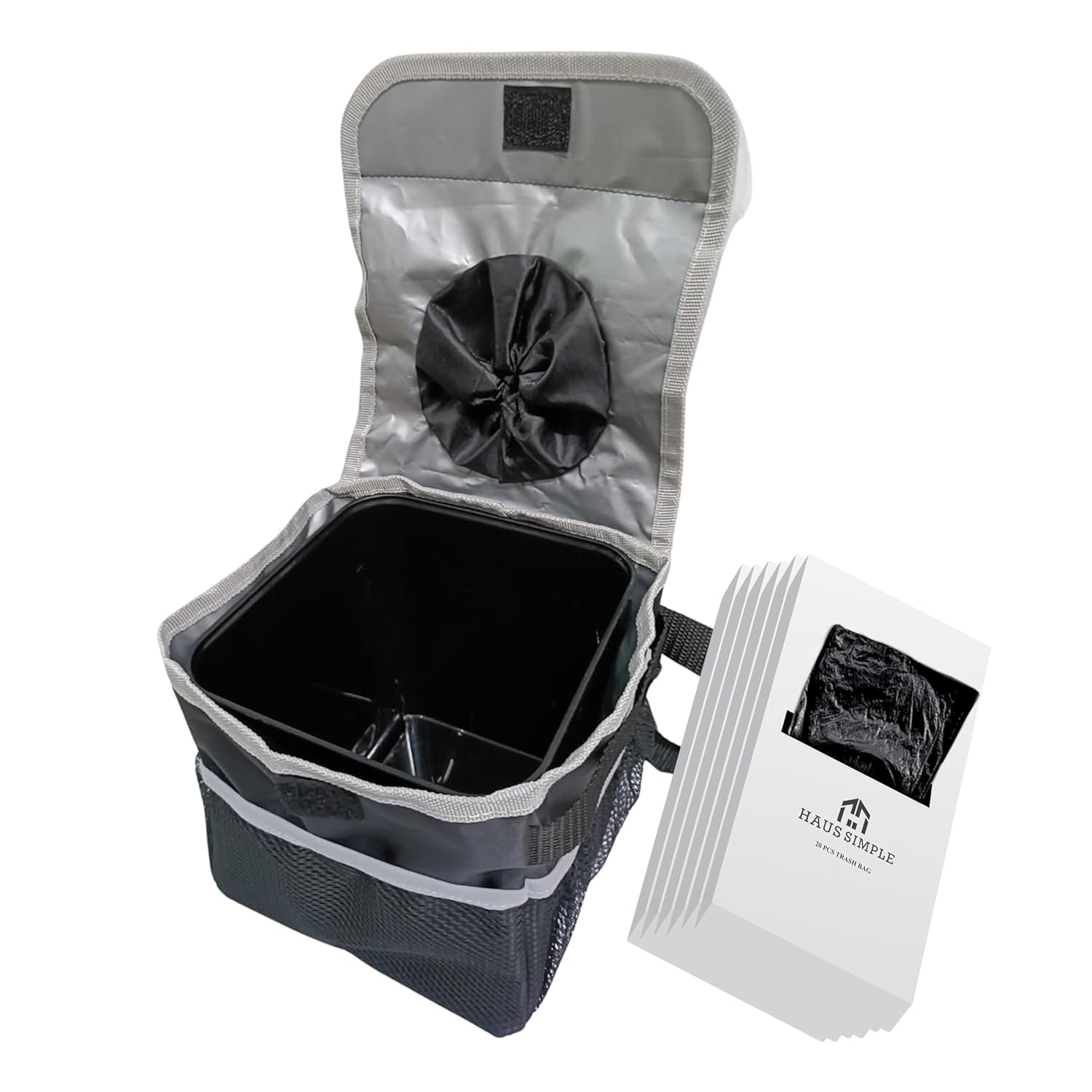 Car Trash Can Bundle – Includes Small Black Trash Can with Cover + Anti-Slip Floor Mat Clip + 6 Boxes of 20 Leakproof Trash Bags (120 Total) – Waterproof, Covered Garbage Bin for Cars, Truc