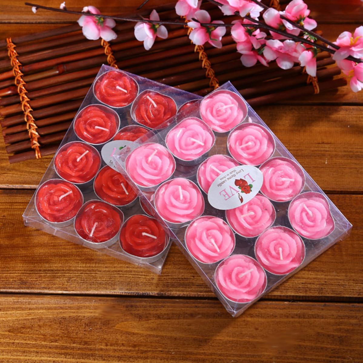 12pcs Red Rose Flower Floating Smokeless Candles Made of Paraffin with 2 Hours Burn Time for Indoor and Birthday Party Decoration