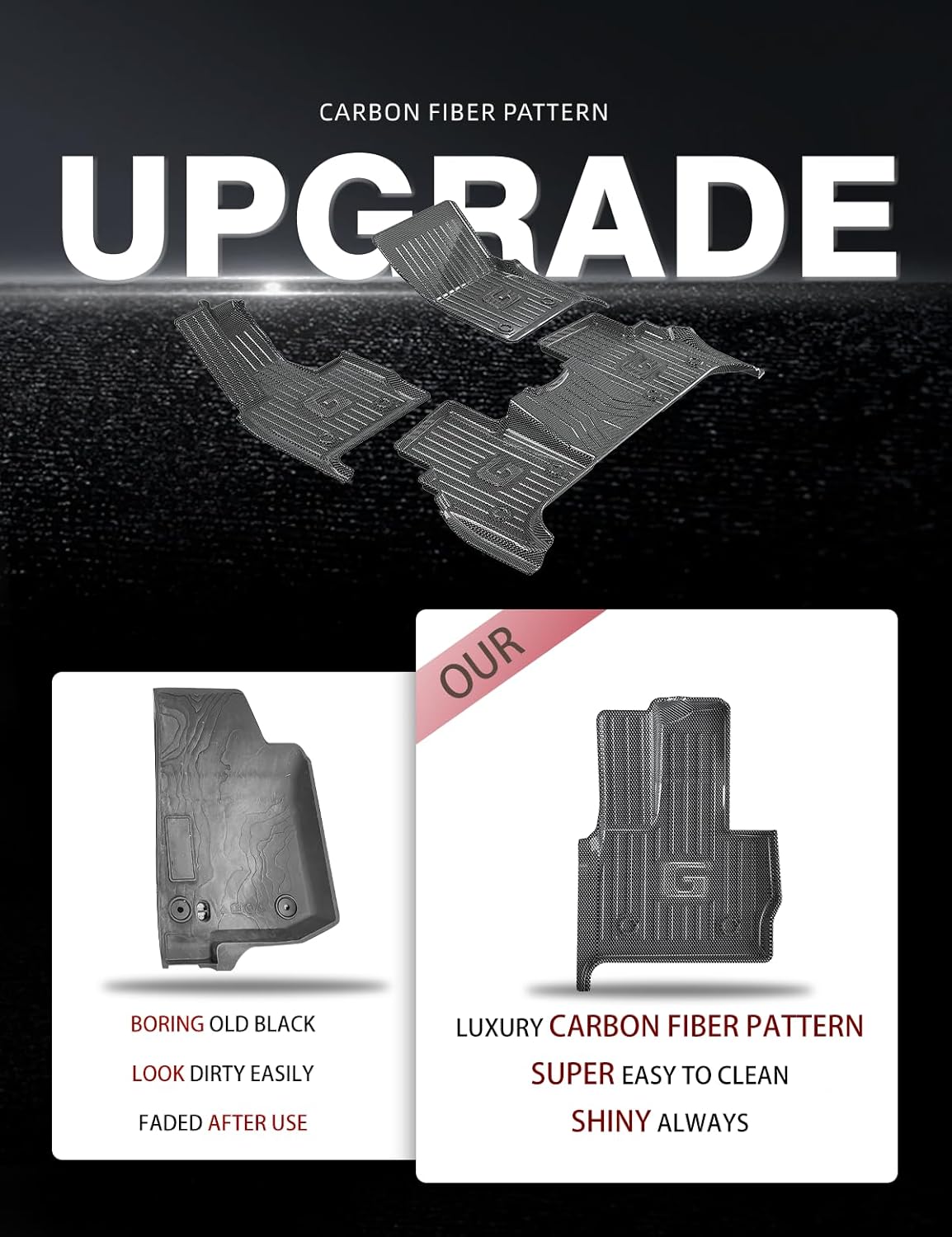 Carbon Fiber Pattern Floor Mats for Mercedes-Benz G Class 2019-2025 2026 G500 G550 G580 AMG G63 All Weather Protection Car Mats 1st & 2nd Row Luxury Full Set Floor Liners 3-pc, Silver