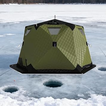 Ice Fishing Shelter with Stove Jack and Floor, 75 sp ft Portable Pop Up 6-10 Person Ice Fishing Tent Shelter, Fully Insulated Winter Ice Fishing Shanty with 4-Layer Thermal Hub Windproof Warm Green