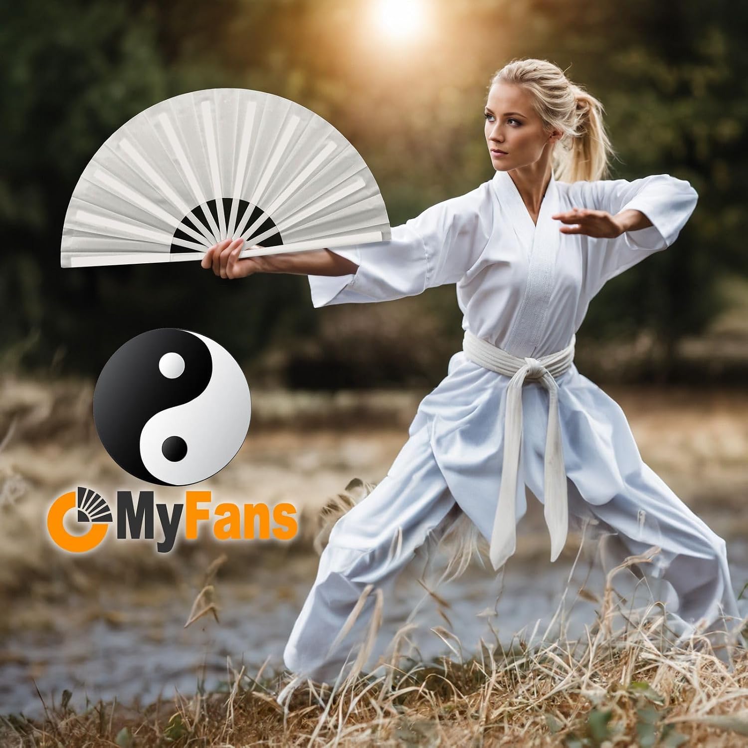 Large Rave Folding Hand Fan - Foldable Chinese Tai Chi Kung Fu fan - Ideal for Festivals, EDM, Dancing, Hot Flashes, Church and Gifts (White) image 5