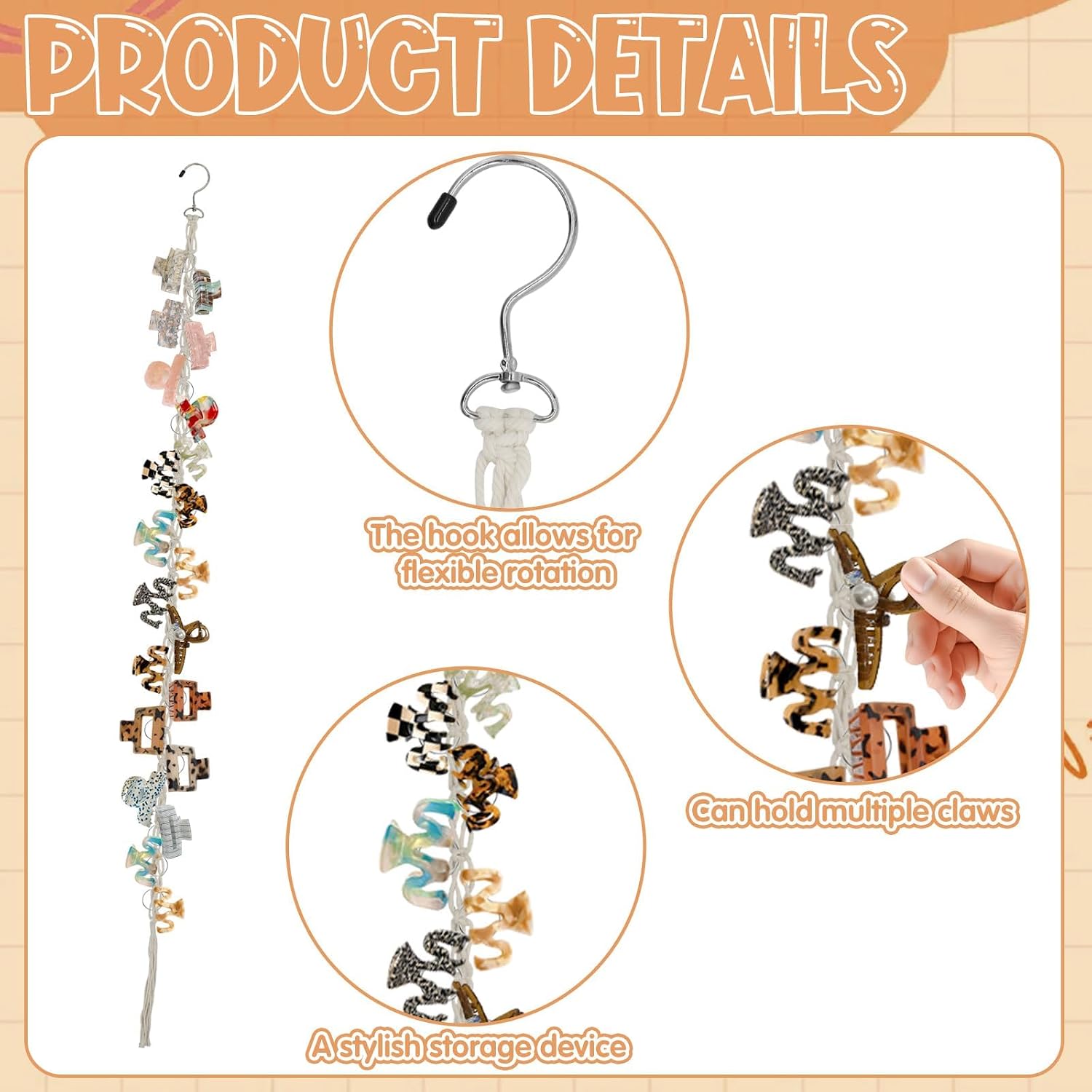 Hanging Braided Hair Clip Organizer with Swivel Hook and 20 Metal Rings, Claw Clip Organizer Daily Necessities for Women, Flexible Hanging Storage Decor for Wall