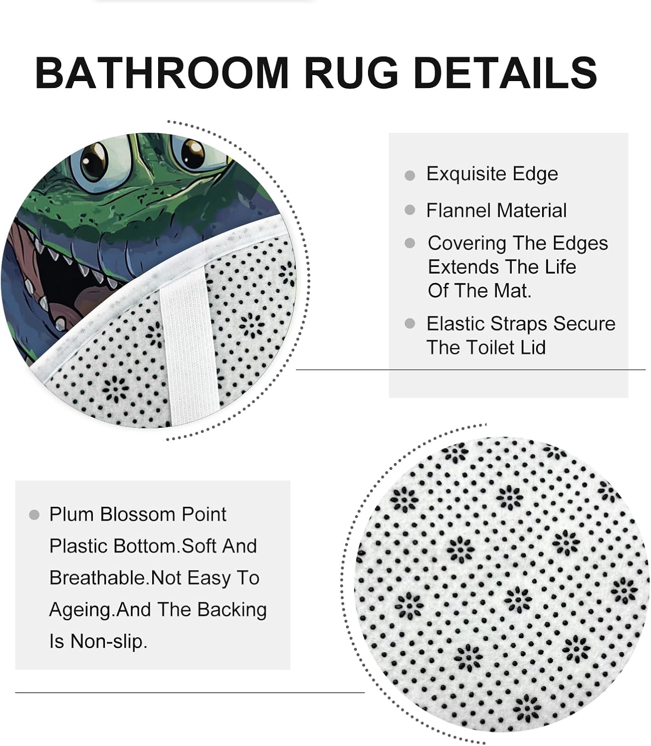 3PCS Cartoon Fun Crocodile Bathroom Accessory Set with Two Non-Slip Washable Bath Rugs (16x24&20x32), Anime Weird Alligator Bathroom Mat Decorative-72''x72'''