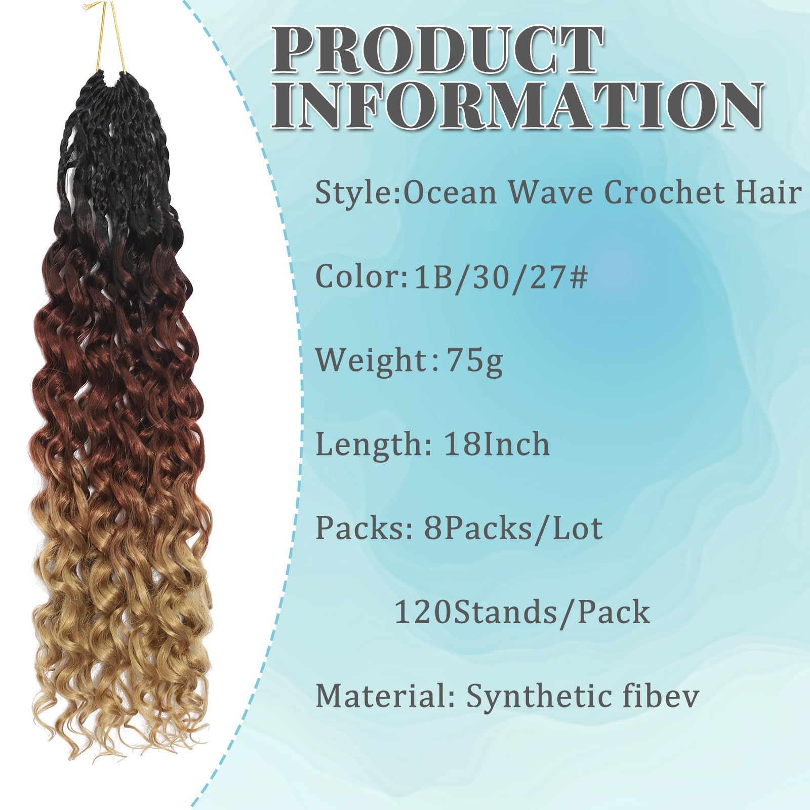 Pre Looped Ocean Wave Crochet Hair 8 Packs Boho Ocean Braids Short Curly Crochet Hair Pre Twisted Synthetic Deep Wavy Crochet Hair for Women (1B/30/27 - Image 2