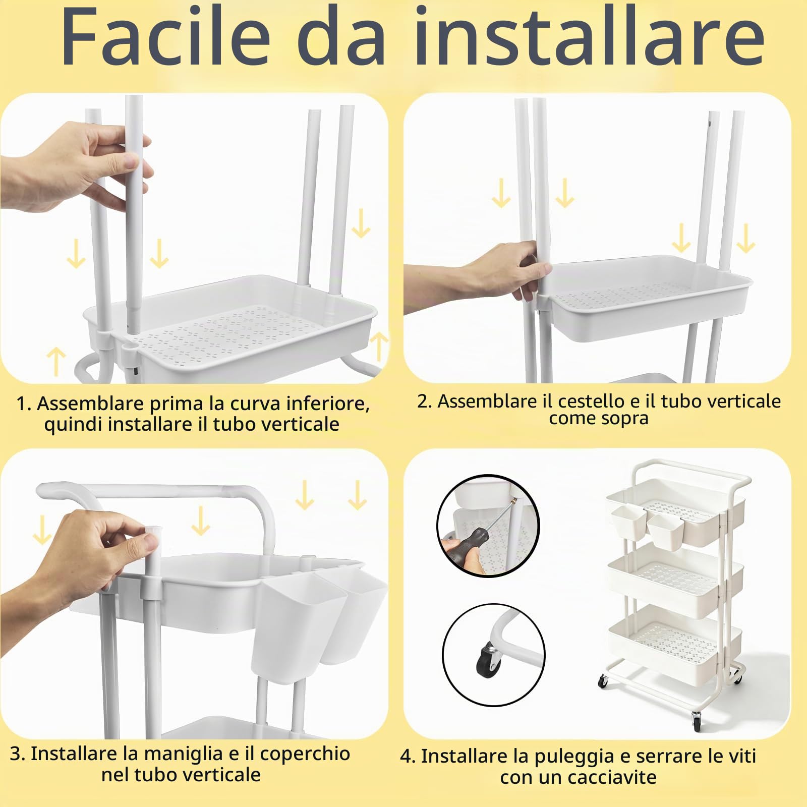 Carrello Cucina a 3 Ripiani, Carrello con Ruote Portatutto Cucina, Carrellino Salvaspazio, Carrello Portaoggetti con 2 Scatole, Supporto in Metallo e Cestino Plastica, 39x36x80cm, Bianco