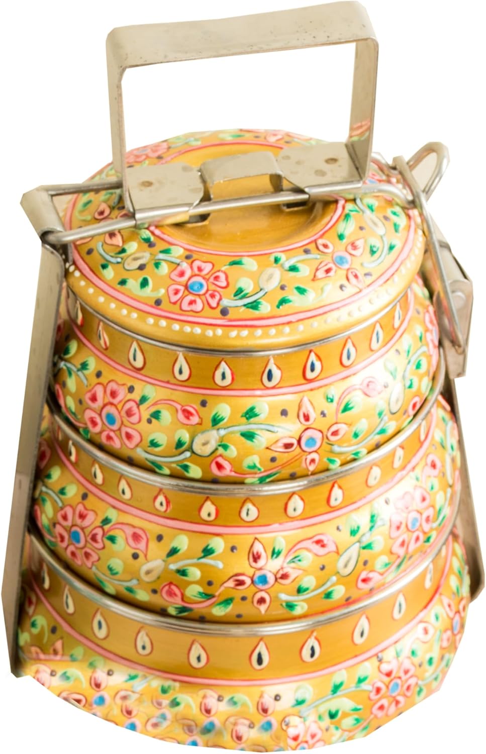 Handmade Stainless Steel Tiffin Box (Blue-Green-Pink, Three Tiers)