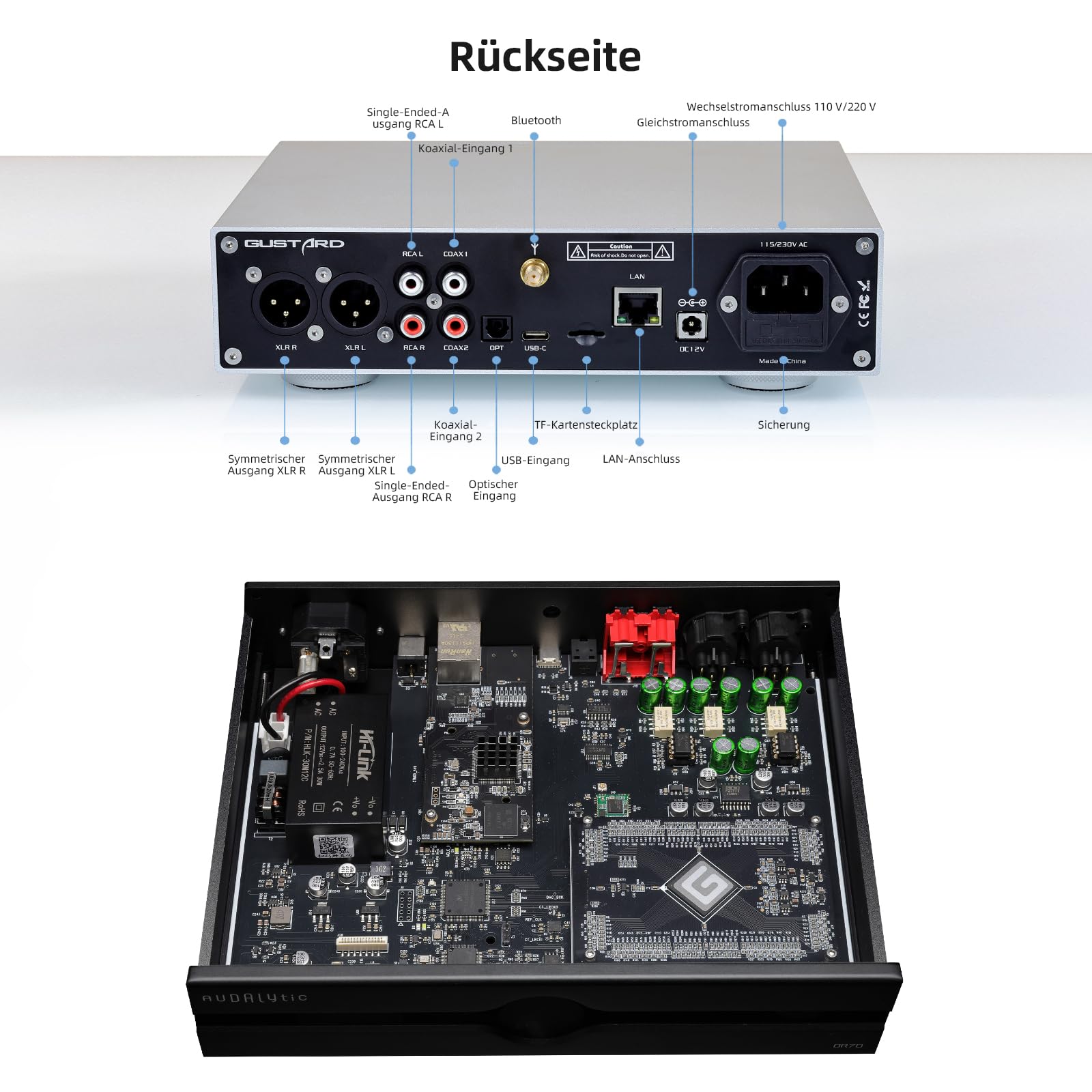 Gustard Audalytic DR70N R2R DAC | Nativer 1-Bit DSD512 PCM768kHz | USB,Optisch,Koaxial x2,LAN-Eingang | Vollständig diskreter symmetrischer Digital-Analog-Wandler | Netzwerk-Streaming-Decoder(Schwarz)