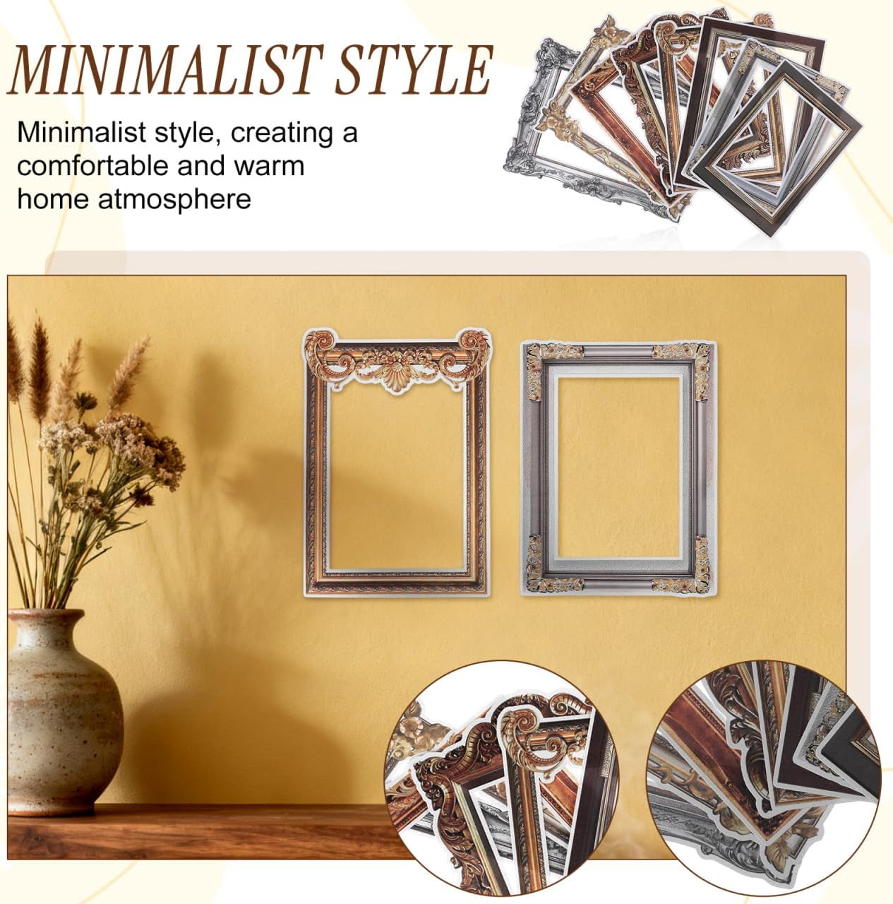 8Pcs Retro Photo Frame Wall Stickers Removable Peel and Stick Decals for Living Room Bedroom Vintage Wall Decor DIY Picture Frame