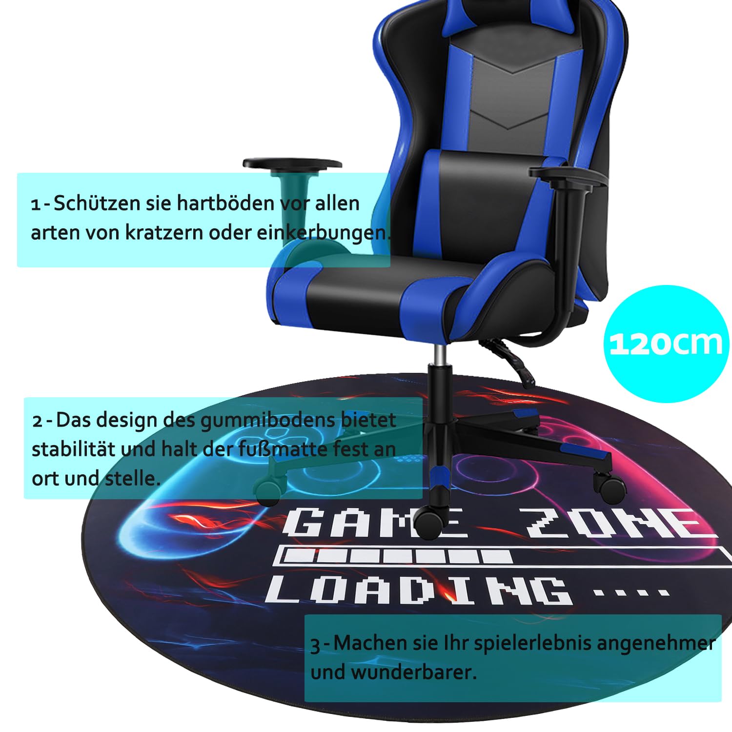 Capslpad Gaming Bodenschutzmatte 120x120cm rutschfest Teppich Bürostuhl Unterlage Schreibtischstuhl für Hartholzboden stuhlmatten Stuhlunterlage für Spielzimmer Home Office Laminat Fliesen