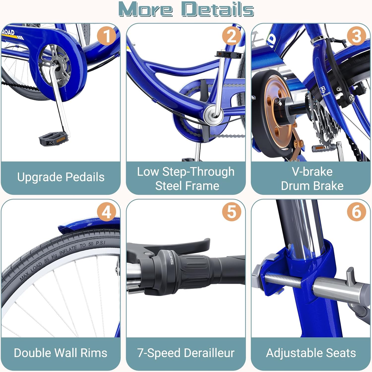 7 Speed Adult Tricycle, 24 inch Cruiser Trike with Large Basket for Women Men Seniors, 3 Wheel Bike for Outdoor, Shopping, Recreation, Picnic (Blue)