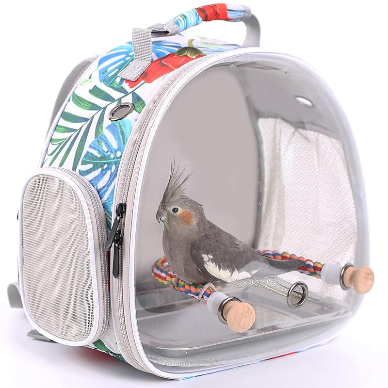 Mochila Caixa de Transporte para Pequenas Aves ORIZZP com Bolha Transparente e Poleiro de Corda, Multicolorida